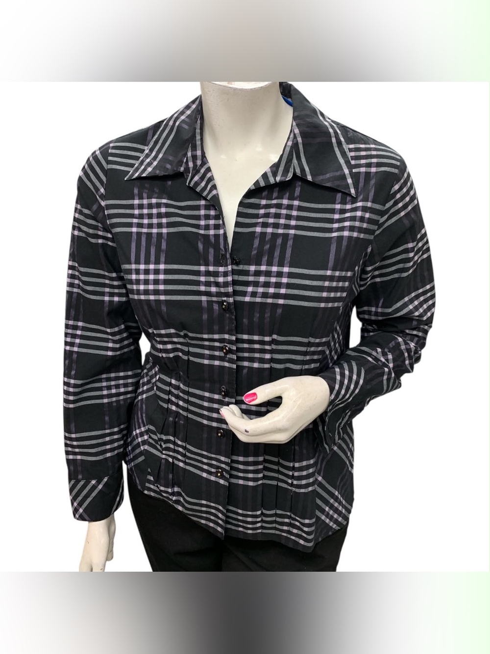 Lana Lee Black Plaid Button-Down Shirt with Lavender Stripes Size L